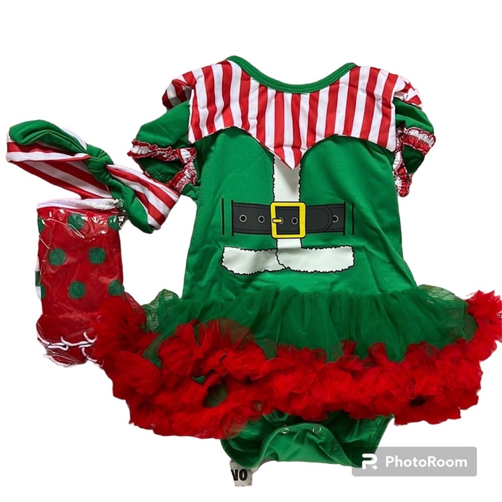NWT Baby Girls Elf Costume, 4PCS  Size 12-18 months Great for photos Christmas